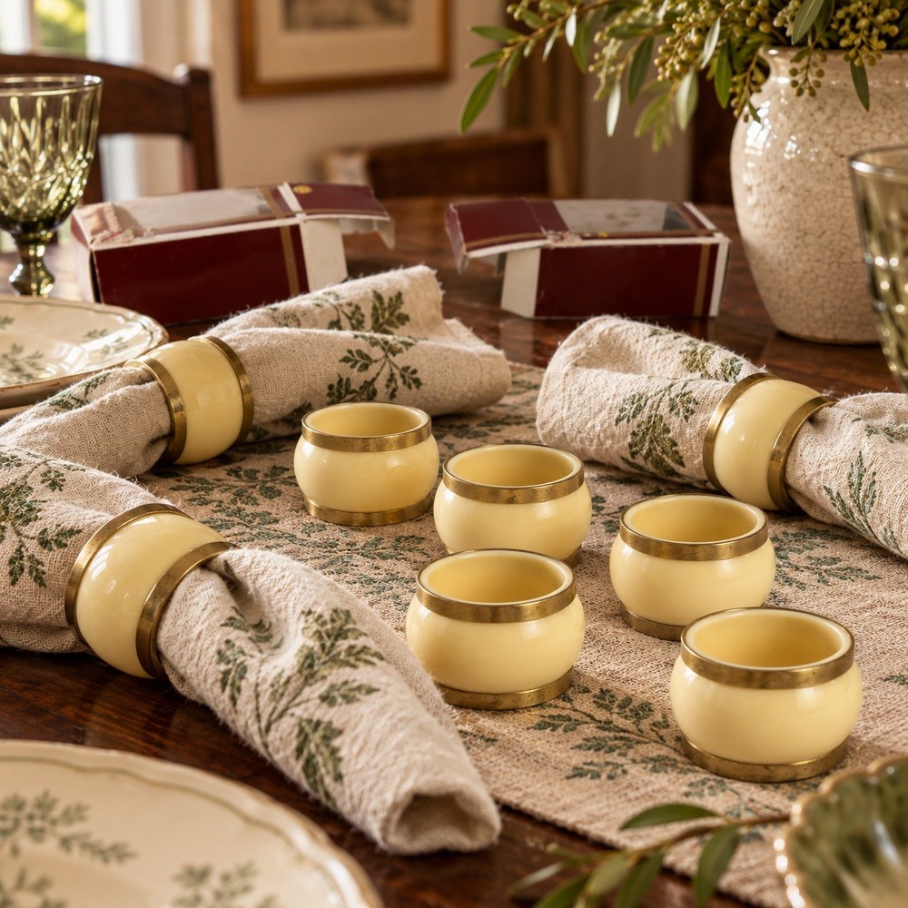 Vintage Cream and Gold Tone Napkin Rings, Set of 8 with Boxes